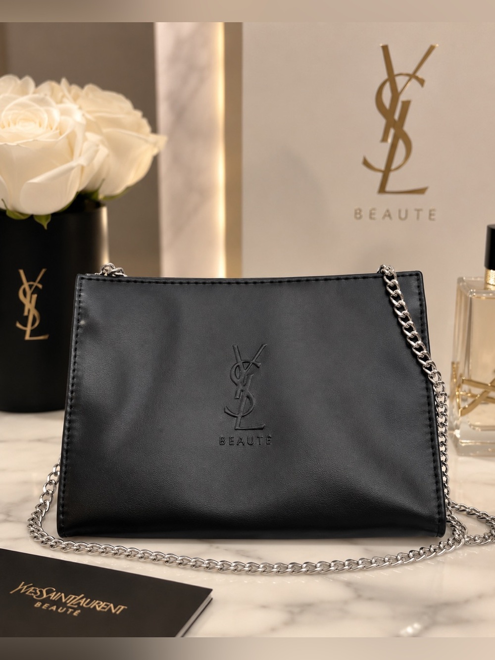 Yves Saint Laurent beauty faux Black Leather cosmetic pouch with Silver Chain